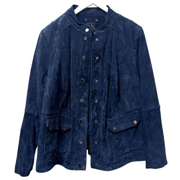 ISAAC MIZRAHI Live! Womens Leather Jacket Blue Suede Snap Front Casual QVC Moto - Picture 7 of 12